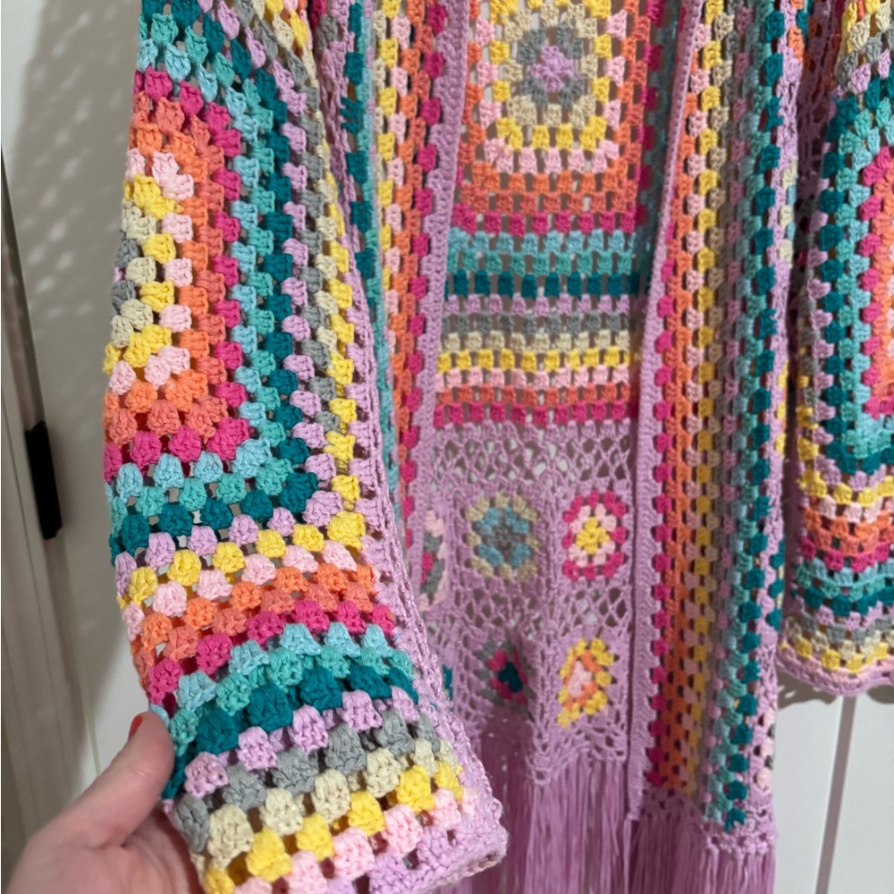 Dreamers by Debut granny Crochet Open-Front Fringe Cardigan Sweater - Multicolor - Picture 5 of 6